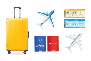 Realistic Detailed 3d Travel Elements Set Include of Luggage, Airplane, Passport and Ticket. Vector illustration of Tourism Concept - 625062107
