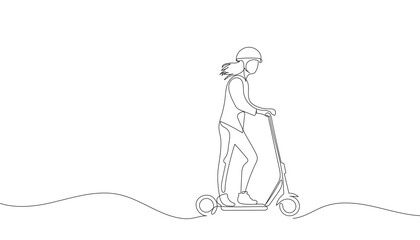 Girl on a one line electric scooter. Continuous line drawing scooter. Vector illustration