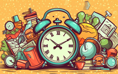 Back to school vector banner design with school items education elements alarm clock