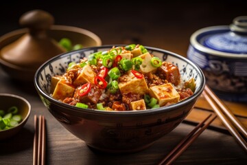Ma Po Tofu served in a ceramic bowl placed by chopsticks and a spoon