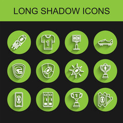 Fototapeta premium Set line Smartphone with american football ball on the screen, Locker or changing room for football, basketball team or workers, American Football, Award cup, ticket, and shield, and icon. Vector