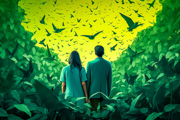 Femme et homme de dos regardant des oiseaux dans la lumière au milieu des feuillages - Générative IA - obrazy, fototapety, plakaty
