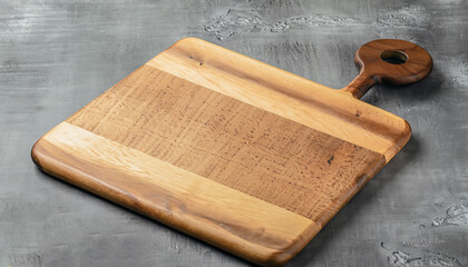 Cutting board on gray kitchen table texture background. Recipe. Kitchenware. Empty modern wooden...