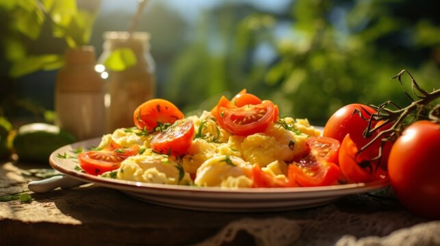 Scrambled Eggs with Tomatoes, with crisp edges of golden eggs and juicy tomatoes enhanced by the sunlight coming through a nearby window