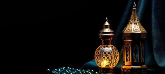 Fototapeta na wymiar The Muslim feast of the holy month of Ramadan Kareem. Beautiful background with a shining lantern Fanus. Free space for your text