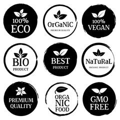 Organic food, natural product and healthy life sign, logo, stickers and badges.