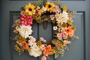 Summer floral door wreath, Generative AI