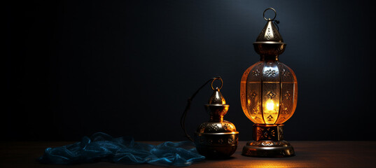 Fototapeta na wymiar The Muslim feast of the holy month of Ramadan Kareem. Beautiful background with a shining lantern Fanus. Free space for your text