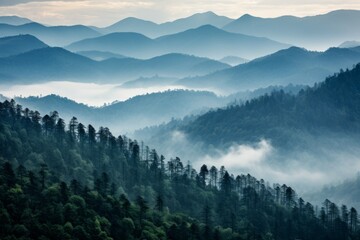 Smoky cloudy mountains trees. Generate Ai