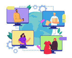 People talking via video call on globe vector illustration. Drawing of connection between computer screens with friends or clients and workers. Technology, Internet of things, communication concept