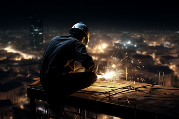 Fototapeta premium welder is welding metal , industry them bokeh and sparkle background