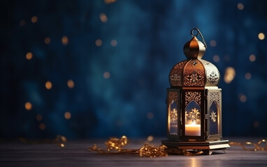 The Muslim feast of the holy month of Ramadan Kareem. Beautiful background with a shining lantern Fanus. Free space for your text