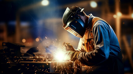 Obraz na płótnie Canvas welder is welding metal , industry them bokeh and sparkle background