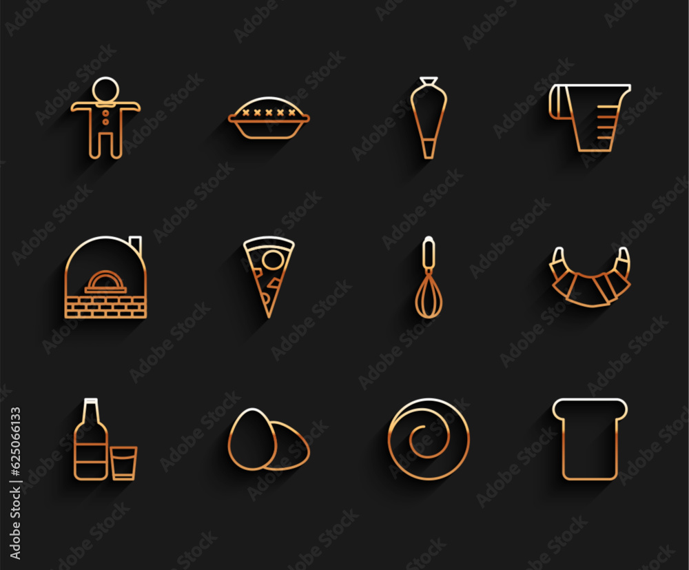 Sticker Set line Glass bottle with milk and glass, Chicken egg, Holiday gingerbread man cookie, Roll bun cinnamon, Bread toast, Slice of pizza, Croissant and Kitchen whisk icon. Vector