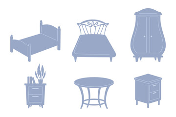 Silhouettes of bedroom furniture vector illustrations set. Collection of cartoon drawings of grey silhouettes of beds, wardrobe, table, cabinets on white background. Furniture, interior design concept