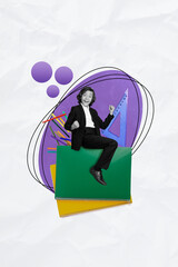 Vertical collage of delighted mini black white effect boy sit huge notebook raise fists achievement triangular pencil isolated on paper background