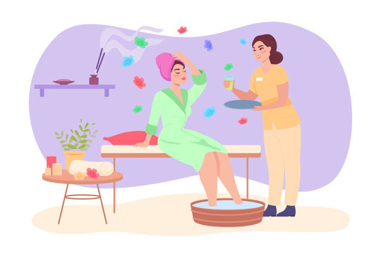 Happy woman taking foot bath in salon vector illustration. Cartoon drawing of candles on tables, incense, foot spa, spa staff offering drink to girl with towel on head. Spa, relaxation concept