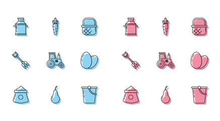 Set line Bag of flour, Pear, Can container for milk, Bucket, Tractor, Chicken egg, Garden rake and Carrot icon. Vector