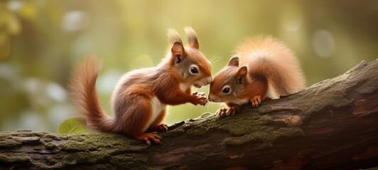Wildlife animal photography background - Two sweet young red squirrels (sciurus vulgaris) babies kissing on a mossy tree trunk in forest, (Generative Ai).. - obrazy, fototapety, plakaty