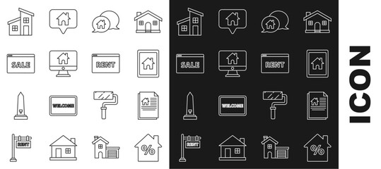 Set line House with percant discount tag, contract, Tablet and smart home, building in speech bubble, Computer monitor, Hanging sign text Online Sale, and Rent icon. Vector