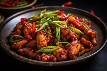 Sichuan Dry-Fried Chicken, showcasing the vibrant colors of red chili and green scallions on a simple white plate - obrazy, fototapety, plakaty