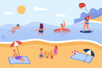 Different summer activities on beach vector illustration. People swimming, diving, surfing on waves, children building sand castle and sunbathing under umbrella. Summer, travel concept