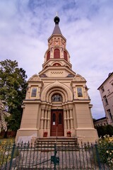 Fototapeta na wymiar The front side of Orthodox church of Saint Olga in Frantiskovy Lazne, Czech republic