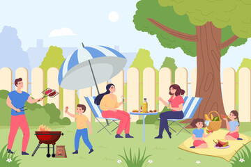 Obraz na płótnie Canvas Happy friends having picnic in backyard vector illustration. Man cooking barbeque while women drinking lemonade at table under umbrella and children eating fruits. Summer menu, food concept