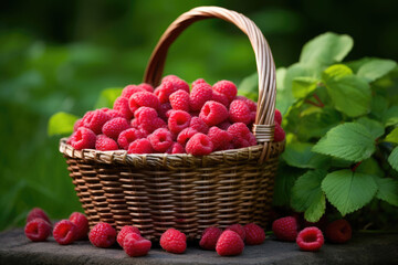Fototapeta na wymiar A wicker basket full of raspberries