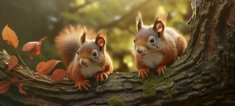 Wildlife animal photography background - Two sweet young red squirrels (sciurus vulgaris) babies on a mossy tree trunk in forest, (Generative Ai)