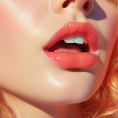 Obraz premium This close-up portrait of a woman reveals her natural beauty enhanced by subtle touches of pastel makeup, from her vibrant lipstick to her fluttery eyelashes, creating an eye-catching and stylish loo