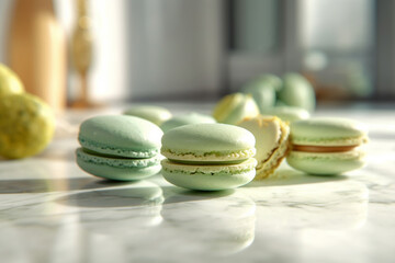 Blurred Elegance - green pistachio macaroons. Generative AI
