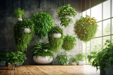 Green plants and natural foliage in your home decor. Hanging planters and a green wall. Generative AI