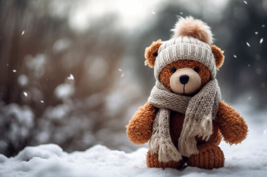 Winter Playtime: Teddy Bears in Knitted Accessories. Generative AI.
