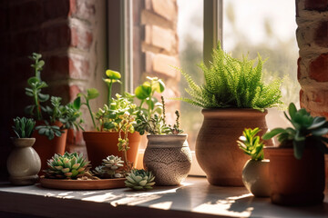 Fototapeta na wymiar Botanical Harmony: Herbs and Succulents in Clay Pots on Sunny Windowsill. Generative AI