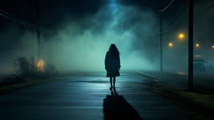 Person walking in the night, alone, foggy background - Powered by Adobe