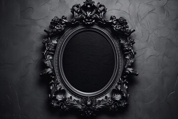 Opulent Baroque-style mockup template featuring an oval black frame on a dark gray background. Generative AI