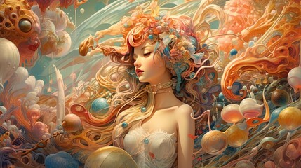 Mermaid dream, beautiful woman with pearls and water swirl, surreal fancy art illustration, generative Ai