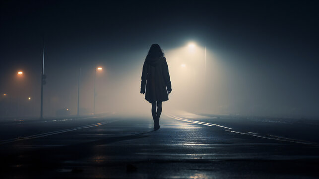 Young Woman walking alone on dark Street, streetlights in background