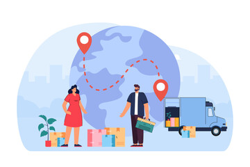 People packing boxes to move abroad vector illustration. Man and woman speaking different languages, loading furniture to truck. Map route with destination pins. Relocation, immigration concept