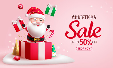 Christmas sale vector banner design. Santa claus character in open box for christmas surprise gift elements. Vector illustration promo offer advertising design.