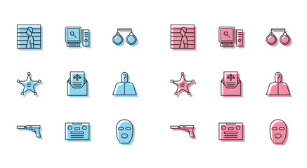 Set line Pistol or gun with silencer, Retro audio cassette tape, Suspect criminal, Thief mask, Subpoena, Anonymous question mark, Hexagram sheriff and Search computer screen icon. Vector