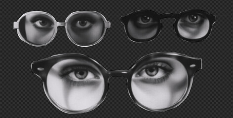Set with trendy elements. Women's and men's eyes in halftone style glasses.  Vector illustration in retro style for collage