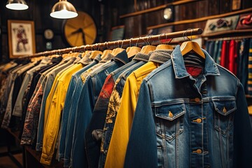 close up a lot of denim jackets hanging in rack, Generative Ai