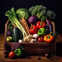 Fresh Vegetables in wooden box on wooden background. Generative AI.