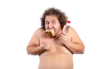 Funny fat man takes a selfie.