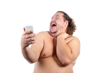 Funny fat man takes a selfie.