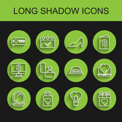 Set line Makeup powder with mirror, Shopping bag heart, Speech bubble I love you, Heart shape light bulb, Gift box and, Diamond engagement ring, Online dating app chat and Elegant women icon. Vector