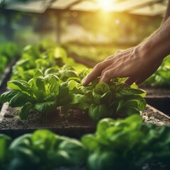 Close up farmer hands in hydroponic garden during morning. Generative AI.