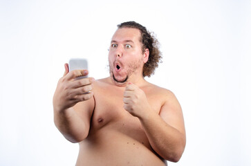 Funny fat man takes a selfie.